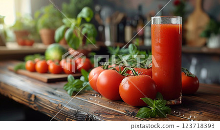 Glasses of fresh tomato juice on table on wooden kitchen table with red tip tomatoes.AI Generative. 123718393