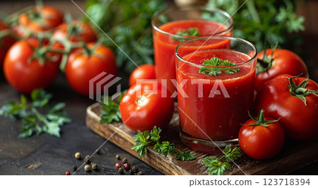 Glasses of fresh tomato juice on table on wooden table with red tip tomatoes.Macro.AI Generative. 123718394