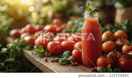 Bottle of fresh tomato juice on table and red tomato vegetables on harvest plantation.AI Generative. 123718401