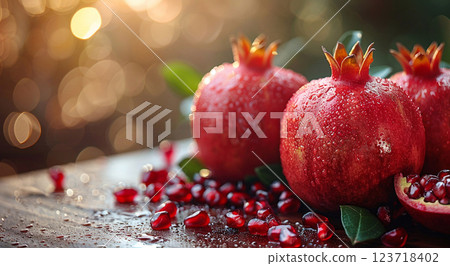 Three ripe red pomegranates with seeds on table and pomegranate field background.Macro.AI Generative 123718402