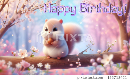 A fluffy squirrel on sakura branch in pastel background with Happy Birthday text celebrating spring 123718421
