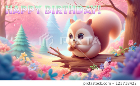 A cute squirrel on sakura tree eating a nut with Happy Birthday text celebrating spring 123718422