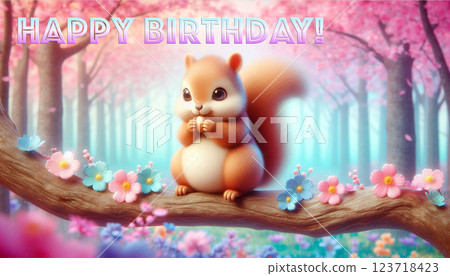 A cuddly squirrel on sakura tree eating a nut with Happy Birthday text celebrating spring 123718423