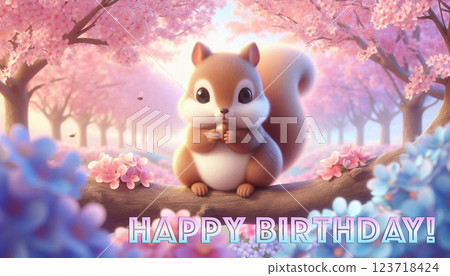 A cute and fluffy squirrel on sakura tree eating a nut with Happy Birthday text celebrating spring A cute and fluffy squirrel on sakura tree eating a nut with Happy Birthday text celebrating spring 123718424