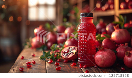 Bottle of fresh cold pomegranate juice with slices and seeds on table and pomegranate.AI Generative 123718538