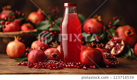 Bottle of fresh cold pomegranate juice with slices and seeds on table and pomegranate.AI Generative 123718539