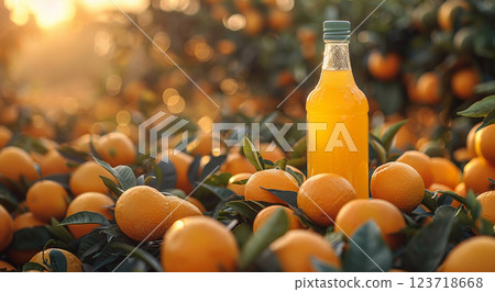 Bottle of fresh healthy orange juice on orange harvest plantation field background.AI Generative. 123718668