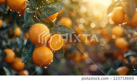Raw ripe fresh oranges with leaves hanging on orange harvest plantation field.Macro.AI Generative. 123718669