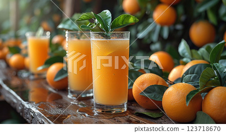 Glasses of fresh cold orange juice with orange halves on harvest plantation field.AI Generative. 123718670