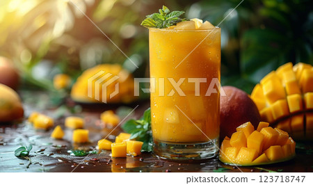 Glass of fresh cold mango juice with fruit halves on wooden table in harvest.AI Generative 123718747