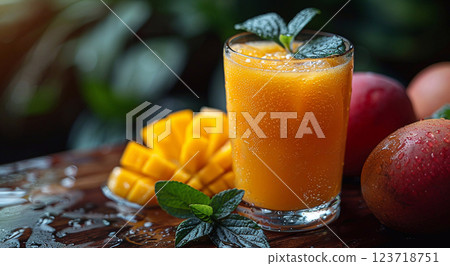 Glass of fresh cold mango juice with fruit halves on wooden table in harvest.AI Generative Glass of fresh cold mango juice with fruit halves on wooden table in harvest.AI Generative 123718751