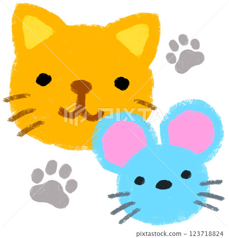 Simple illustration, crayon touch, early childhood education, cat and mouse 123718824