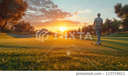 Golf player on golf resort field on training his skills playing golf on summer.AI Generative. 123719021