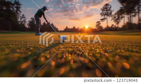 Golf player on golf resort field on training his skills playing golf on summer.Macro.AI Generative. Golf player on golf resort field on training his skills playing golf on summer.Macro.AI Generative. 123719048