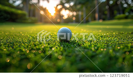 Golf ball on wet grass of empty golf resort field on sunny morning.Macro.AI Generative. 123719051