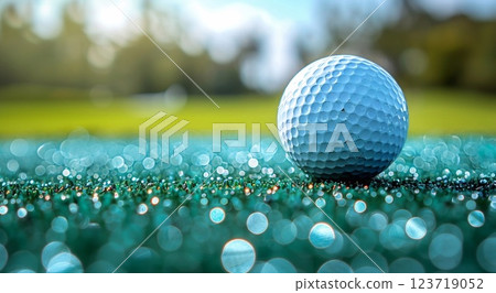 Golf ball on wet grass of empty golf resort field on sunny morning.Macro.AI Generative. 123719052