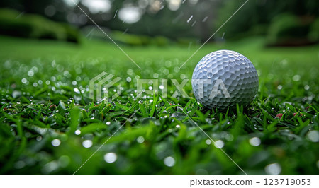 Golf ball on wet grass of empty golf resort field on sunny morning.Macro.AI Generative. Golf ball on wet grass of empty golf resort field on sunny morning.Macro.AI Generative. 123719053