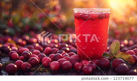 Glass of cold fresh healthy cranberry juice in cranberry harvest plantation.Macro.AI Generative. Glass of cold fresh healthy cranberry juice in cranberry harvest plantation.Macro.AI Generative. 123719077