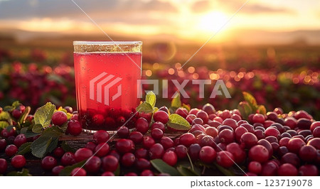 Glass of cold fresh healthy cranberry juice in cranberry harvest plantation.Macro.AI Generative. 123719078