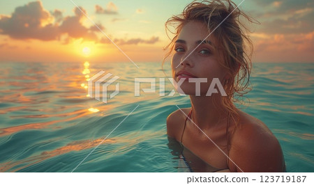 Young woman swimming in calm blue ocean waters on the beach during summer holidays.AI Generative. 123719187