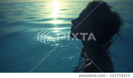 Beautiful woman relaxing in calm sea water on the beach during summer holidays.Macro.AI Generative. 123719223