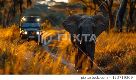 Elephant walking through safari valley and car with tourists on background.Macro.AI Generative 123719309