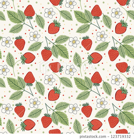 Seamless pattern with strawberries, white flowers and green leaves 123719332