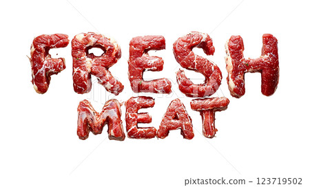 Fresh meat displayed creatively using cuts of real meat on a white background emphasizing quality and freshness 123719502