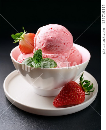 Strawberry ice cream in a white bowl 123719515