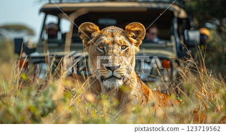 Lion wild cat in yellow grass and car with tourists on safari summer holiday.Macro.AI Generative. 123719562