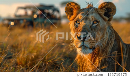 Large Lion wild cat in yellow grass and car with tourists on safari summer.Macro.AI Generative 123719575