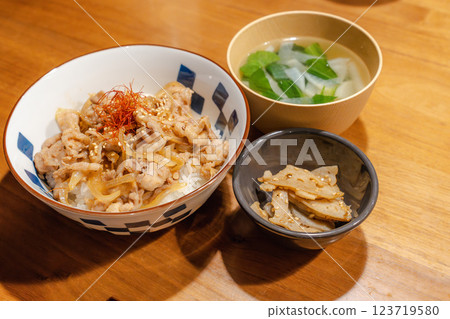 Pork bowl and miso soup Japanese set meal Pork bowl and miso soup Japanese set meal 123719580