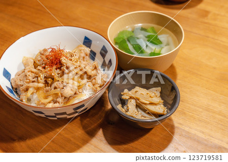 Pork bowl and miso soup Japanese set meal 123719581