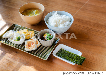 A Japanese breakfast table with the morning sun shining in 123719614