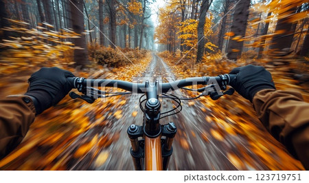 Hands holding bicycle steering wheel during fast mountain bike ride.Macro.AI Generative. Hands holding bicycle steering wheel during fast mountain bike ride.Macro.AI Generative. 123719751