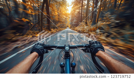 Hands holding bicycle steering wheel during fast mountain bike ride.Macro.AI Generative. 123719752