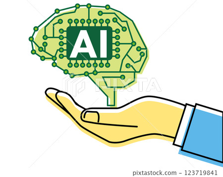 Illustration of artificial intelligence (AI) - A human brain modeled after a computer circuit diagram floating in the palm of your hand - black and white Illustration of artificial intelligence (AI) - A human brain modeled after a computer circuit diagram floating in the palm of your hand - black and white 123719841