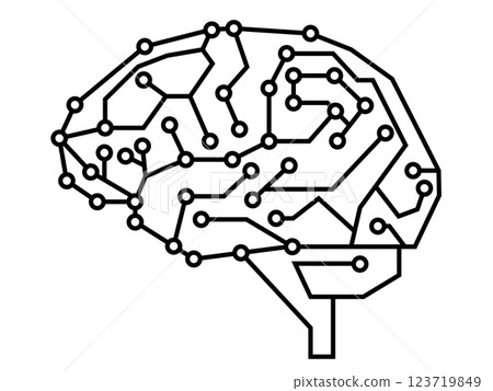 人工智慧 AI 圖像插圖：側面的人腦、電腦電路圖、線框、白色背景 123719849