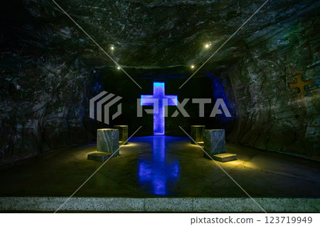 Magnificent cross glows with spiritual light in famous underground Catedral de Sal (Salt Cathedral) of Zipaquira, Colombia Magnificent cross glows with spiritual light in famous underground Catedral de Sal (Salt Cathedral) of Zipaquira, Colombia 123719949