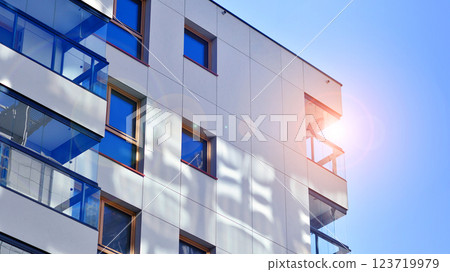 Modern and new apartment building. Multistoried modern, new and stylish living block of flats. 123719979