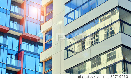 Modern and new apartment building. Multistoried modern, new and stylish living block of flats. 123719980