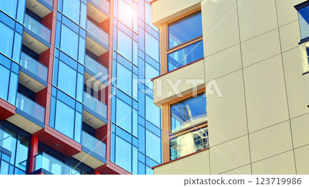 Modern and new apartment building. Multistoried modern, new and stylish living block of flats. 123719986
