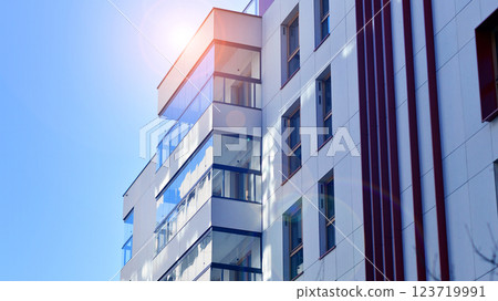 Modern and new apartment building. Multistoried modern, new and stylish living block of flats. 123719991