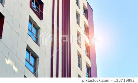 Modern and new apartment building. Multistoried modern, new and stylish living block of flats. 123719992