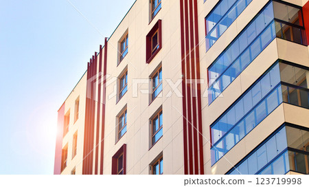 Modern and new apartment building. Multistoried modern, new and stylish living block of flats. 123719998