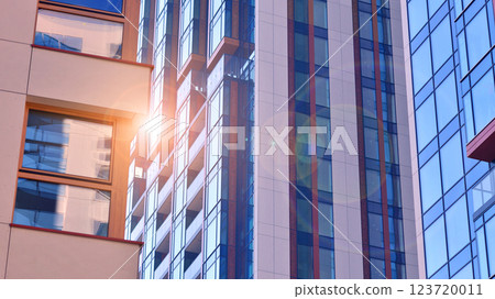 Modern and new apartment building. Multistoried modern, new and stylish living block of flats. 123720011