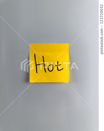 Sticky note on refrigerator with the word Hot 123720032