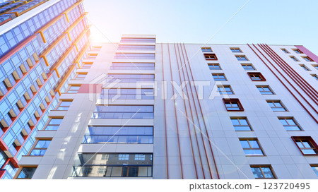 Modern and new apartment building. Multistoried modern, new and stylish living block of flats. Modern and new apartment building. Multistoried modern, new and stylish living block of flats. 123720495