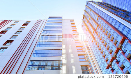 Modern and new apartment building. Multistoried modern, new and stylish living block of flats. 123720496