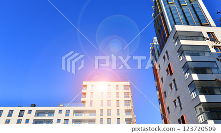 Modern and new apartment building. Multistoried modern, new and stylish living block of flats. Modern and new apartment building. Multistoried modern, new and stylish living block of flats. 123720509
